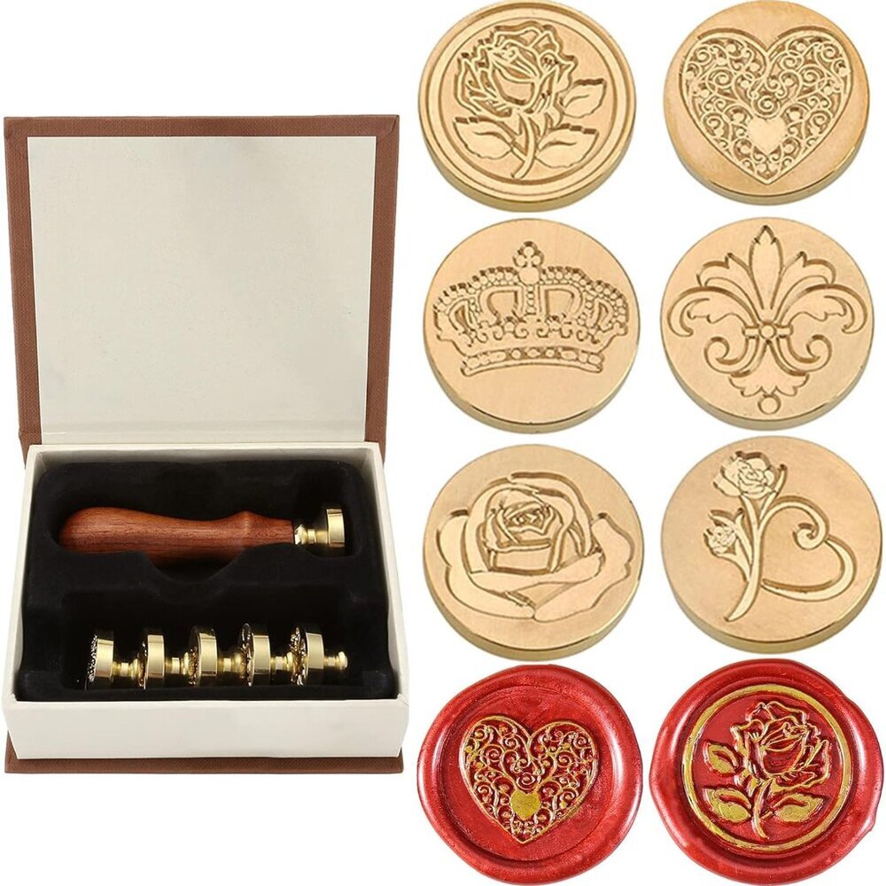 6 Pcs Wax Seal Stamp Set, Romantic Rose Heart Flower Crown Sealing Wax Stamps Ki